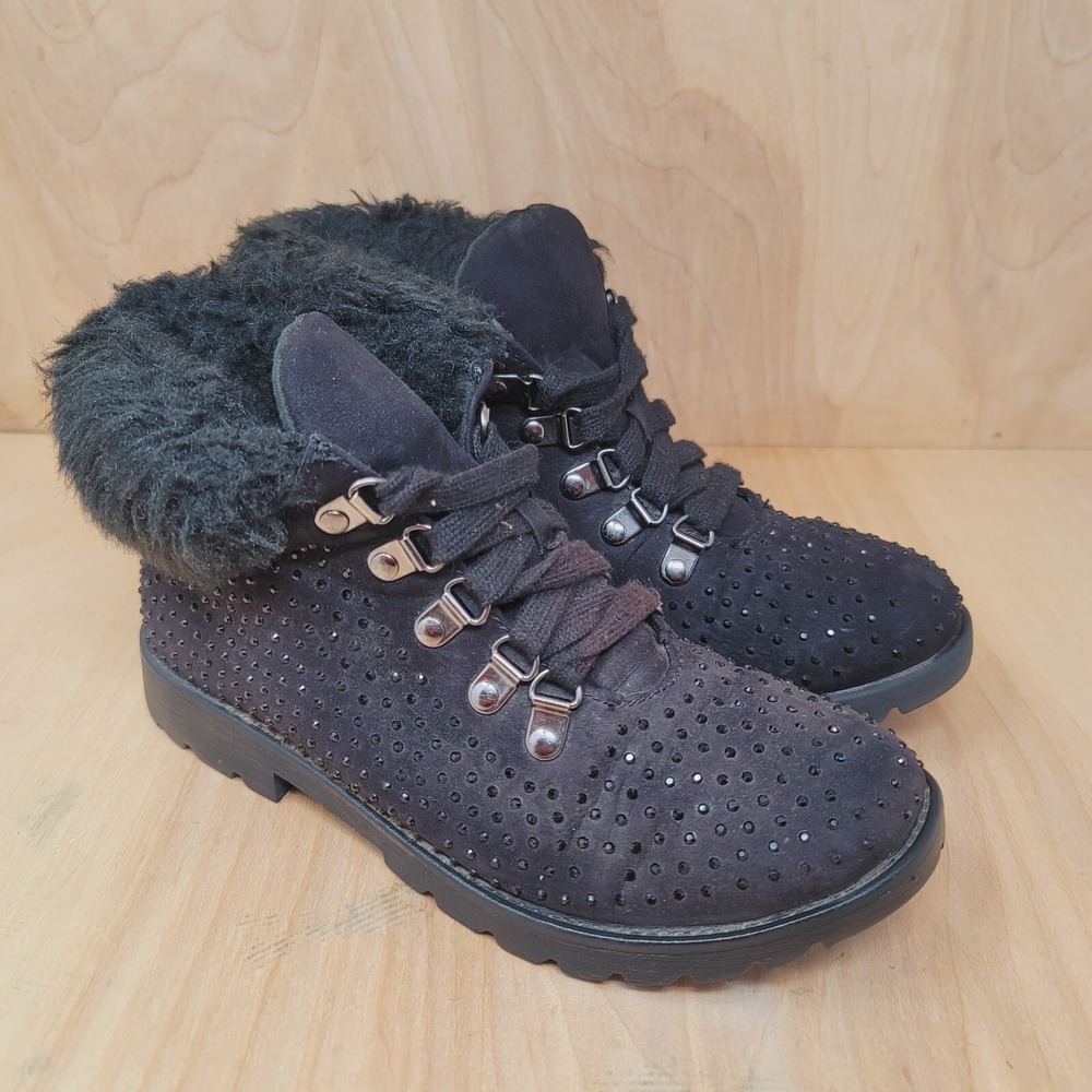 Justice Ankle Boots Women's Size 7 M Black With Fleece Collar And Rhinestones